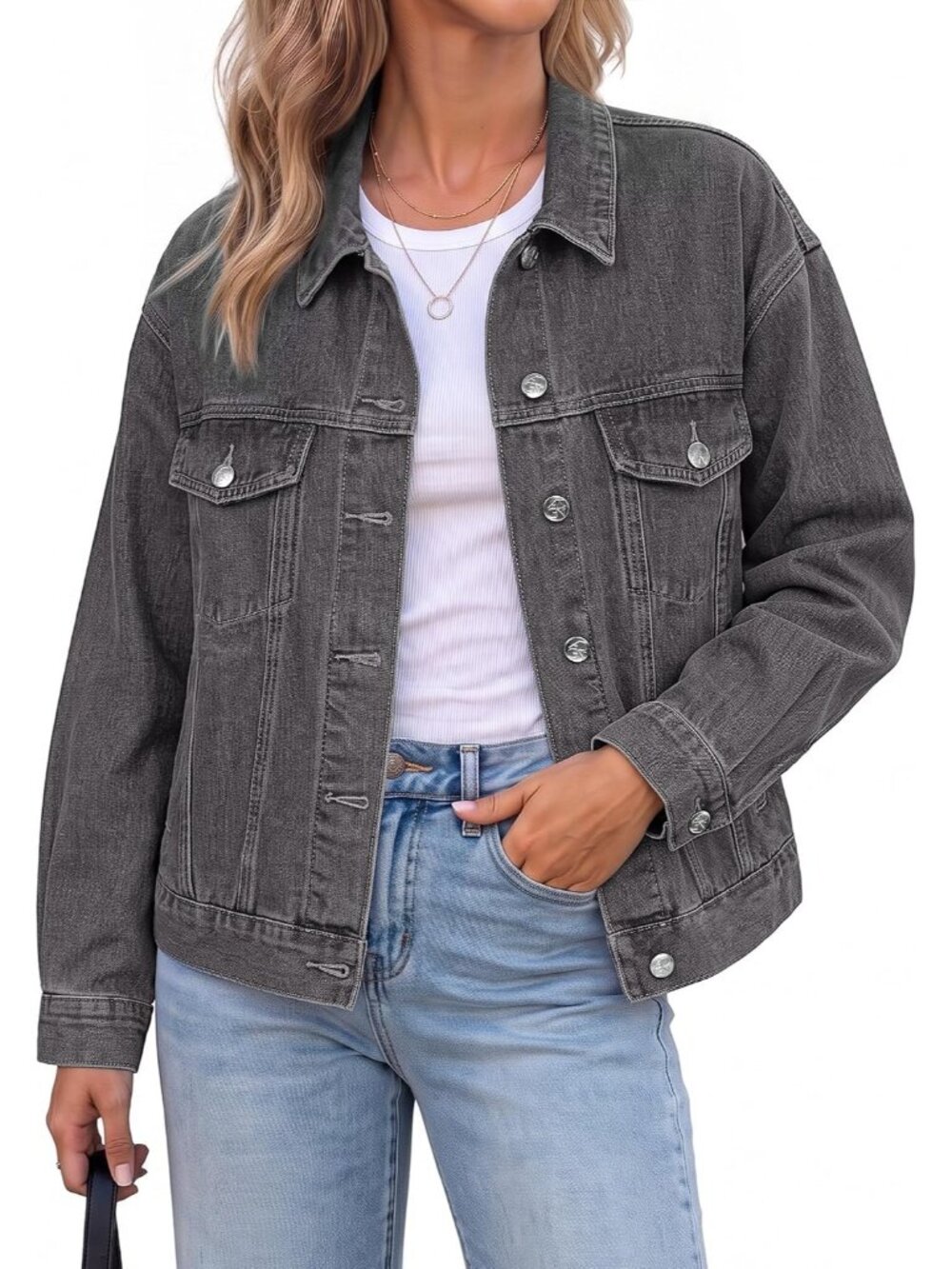Women’s Foxy Gray Oversized Button Up Classic Casual Denim Jean Jacket